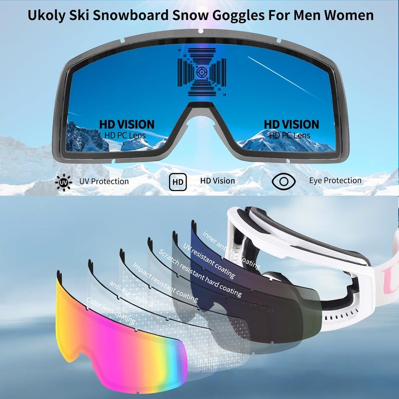 Ukoly Ski/Snowboard Goggles for Men Women, Snow Goggles HD Lens Anti-Fog Coating OTG Design UV400 Protection Windproof - Image 4
